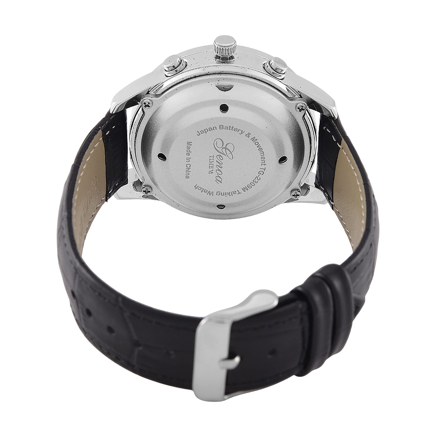 GENOA TIME V2 Quartz Movt. 3ATM Water Resistant White Dial Talking Watch with Black Colour Leather Strap and Silver-Tone Case