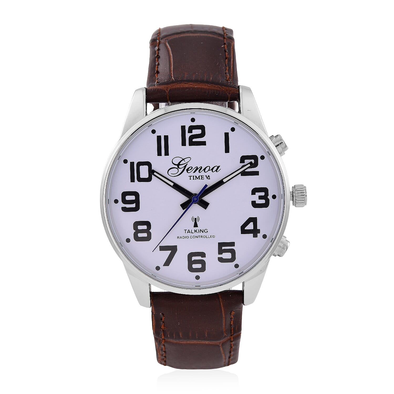 GENOA TIME V2 Quartz Movt. 3ATM Water Resistant White Dial Talking Watch with Brown Colour Leather Strap and Silver-Tone Case