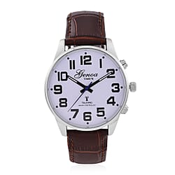 GENOA TIME V2 Quartz Movt. 3ATM Water Resistant White Dial Talking Watch with Brown Colour Leather Strap and Silver-Tone Case