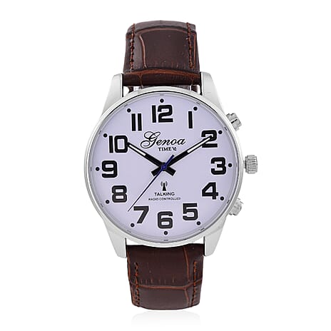 GENOA TIME V2 Quartz Movt. 3ATM Water Resistant White Dial Talking Watch with Brown Colour Leather Strap and Silver-Tone Case