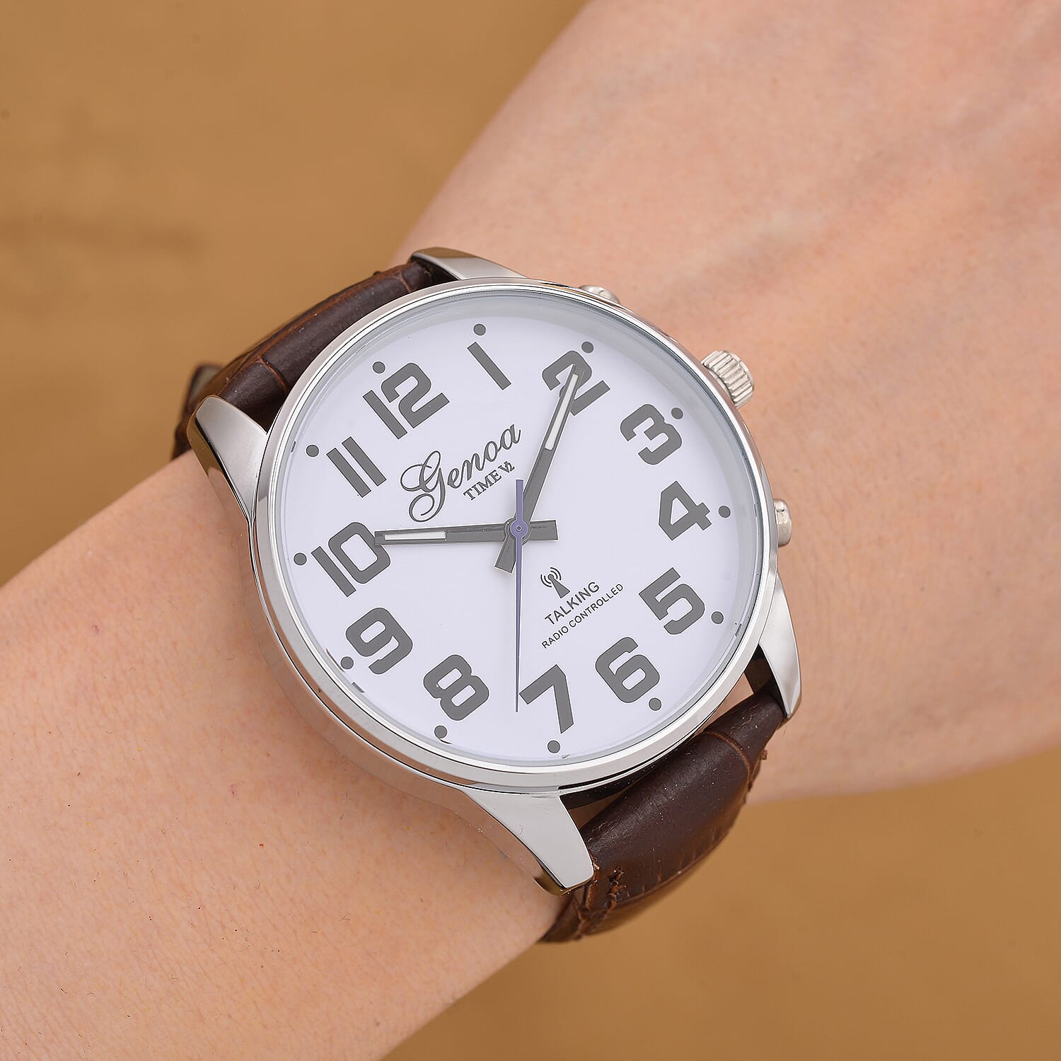 GENOA TIME V2 Quartz Movt. 3ATM Water Resistant White Dial Talking Watch with Brown Colour Leather Strap and Silver-Tone Case