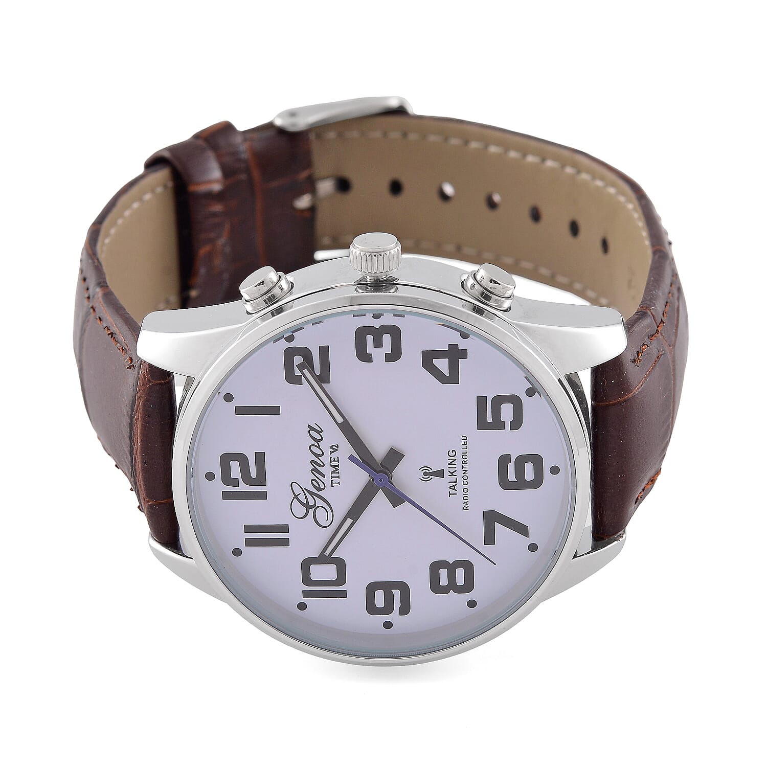 GENOA TIME V2 Quartz Movt. 3ATM Water Resistant White Dial Talking Watch with Brown Colour Leather Strap and Silver-Tone Case
