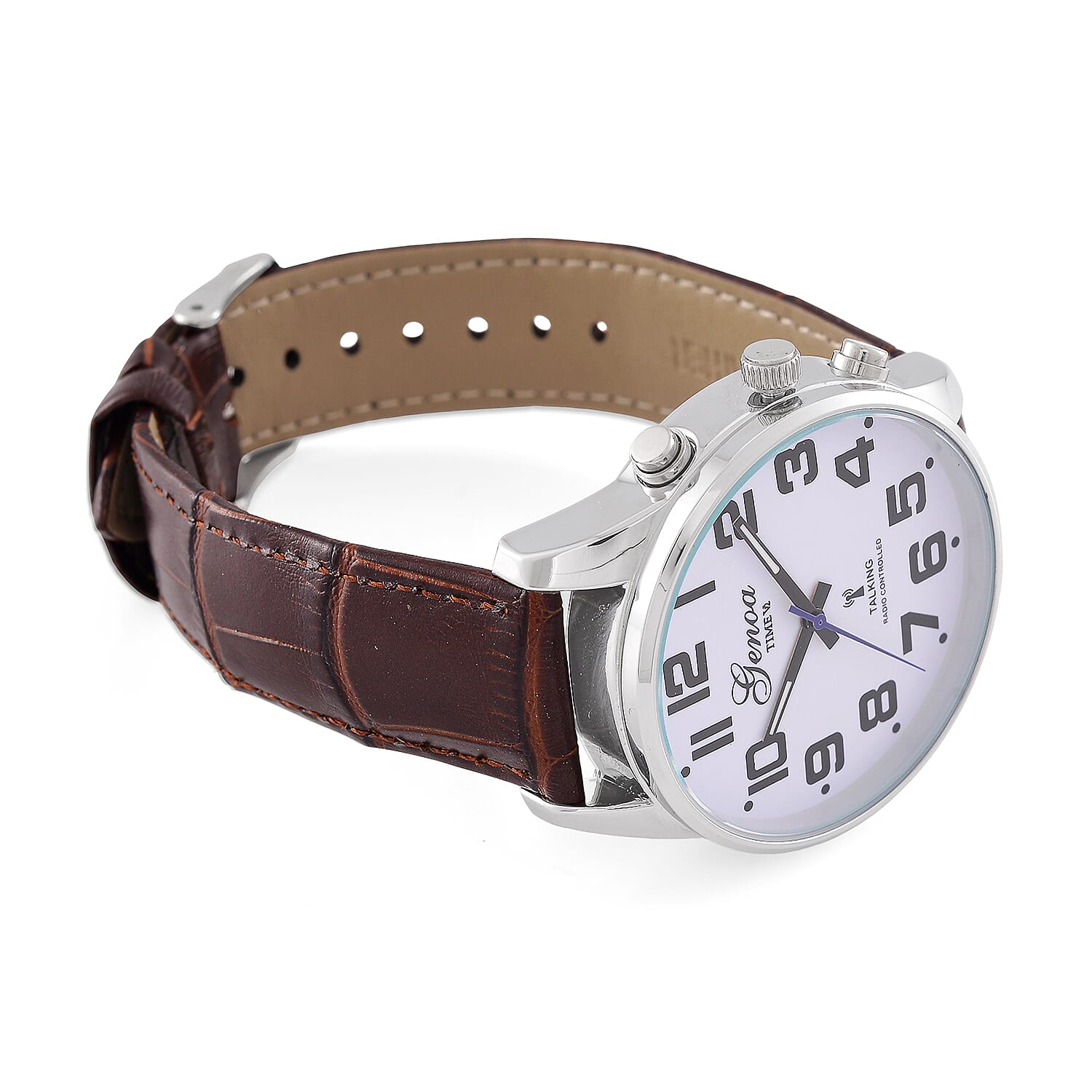 GENOA TIME V2 Quartz Movt. 3ATM Water Resistant White Dial Talking Watch with Brown Colour Leather Strap and Silver-Tone Case