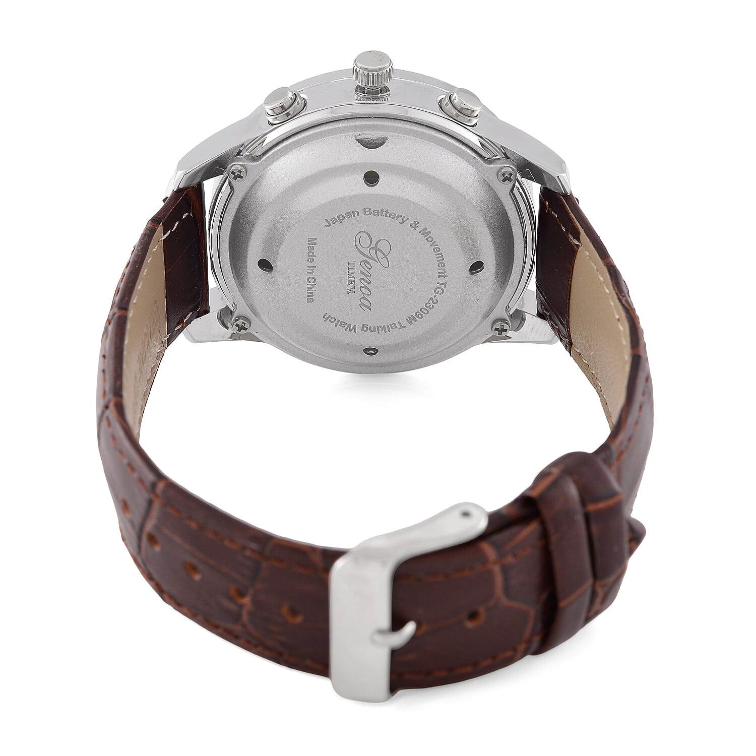 GENOA TIME V2 Quartz Movt. 3ATM Water Resistant White Dial Talking Watch with Brown Colour Leather Strap and Silver-Tone Case