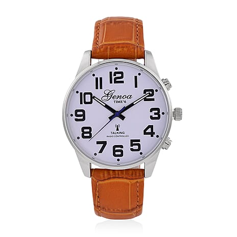 GENOA TIME V2 Quartz Movt. 3ATM Water Resistant White Dial Talking Watch with Coffee Colour Leather Strap and Silver-Tone Case