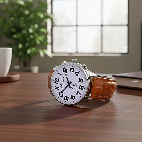 GENOA TIME V2 Quartz Movt. 3ATM Water Resistant White Dial Talking Watch with Coffee Colour Leather Strap and Silver-Tone Case
