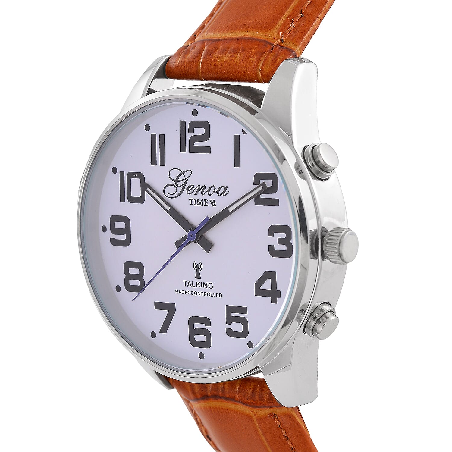 GENOA TIME V2 Quartz Movt. 3ATM Water Resistant White Dial Talking Watch with Coffee Colour Leather Strap and Silver-Tone Case