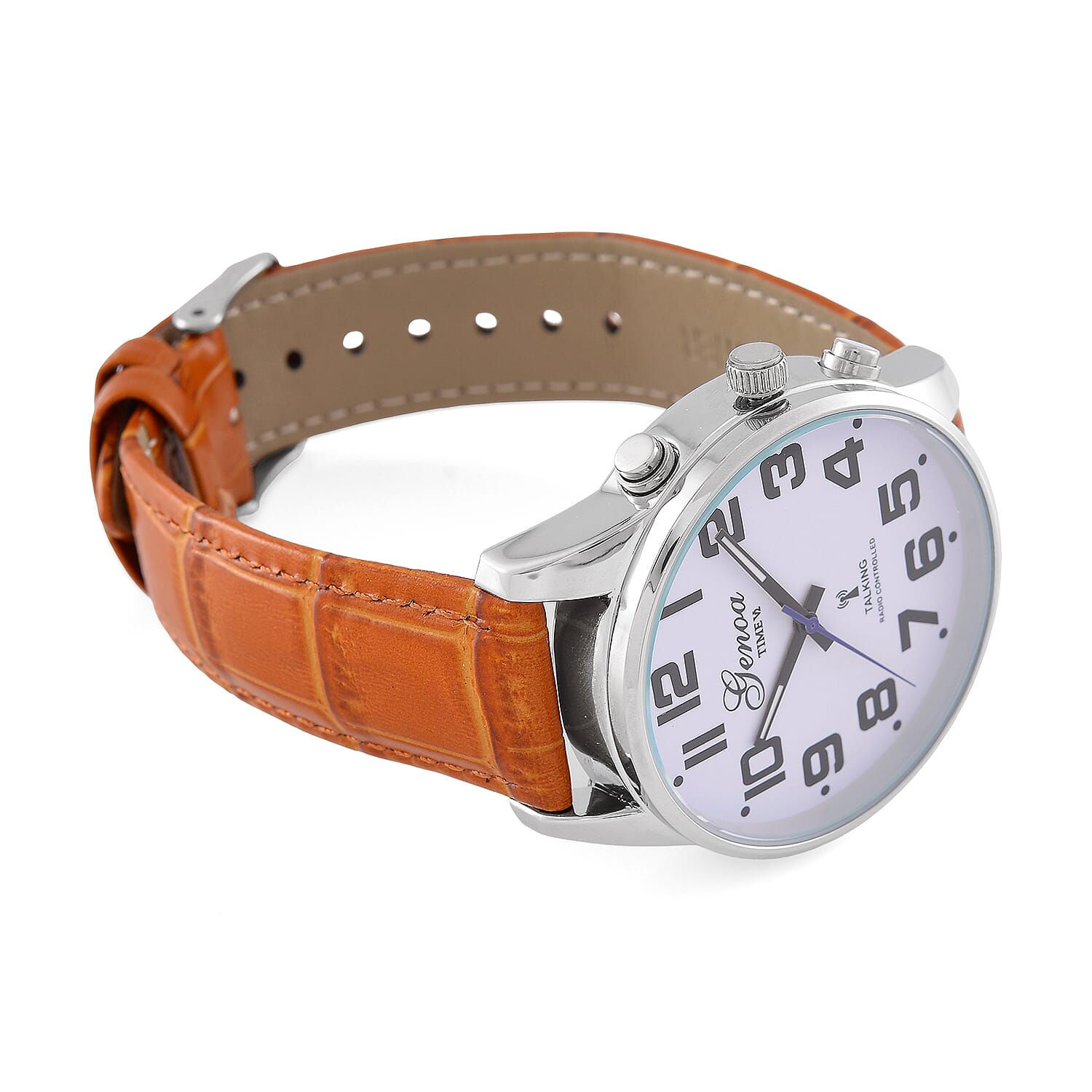 GENOA TIME V2 Quartz Movt. 3ATM Water Resistant White Dial Talking Watch with Coffee Colour Leather Strap and Silver-Tone Case