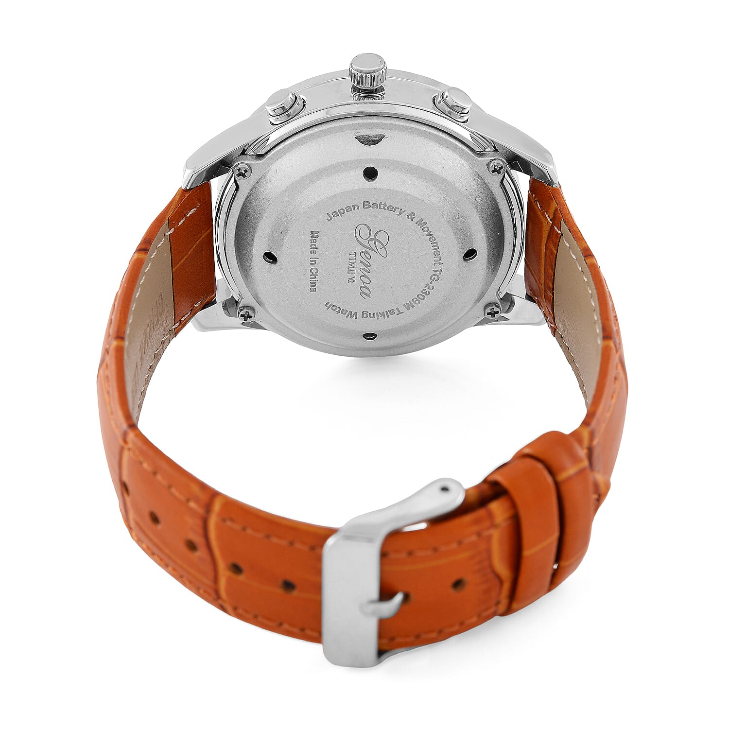GENOA TIME V2 Quartz Movt. 3ATM Water Resistant White Dial Talking Watch with Coffee Colour Leather Strap and Silver-Tone Case
