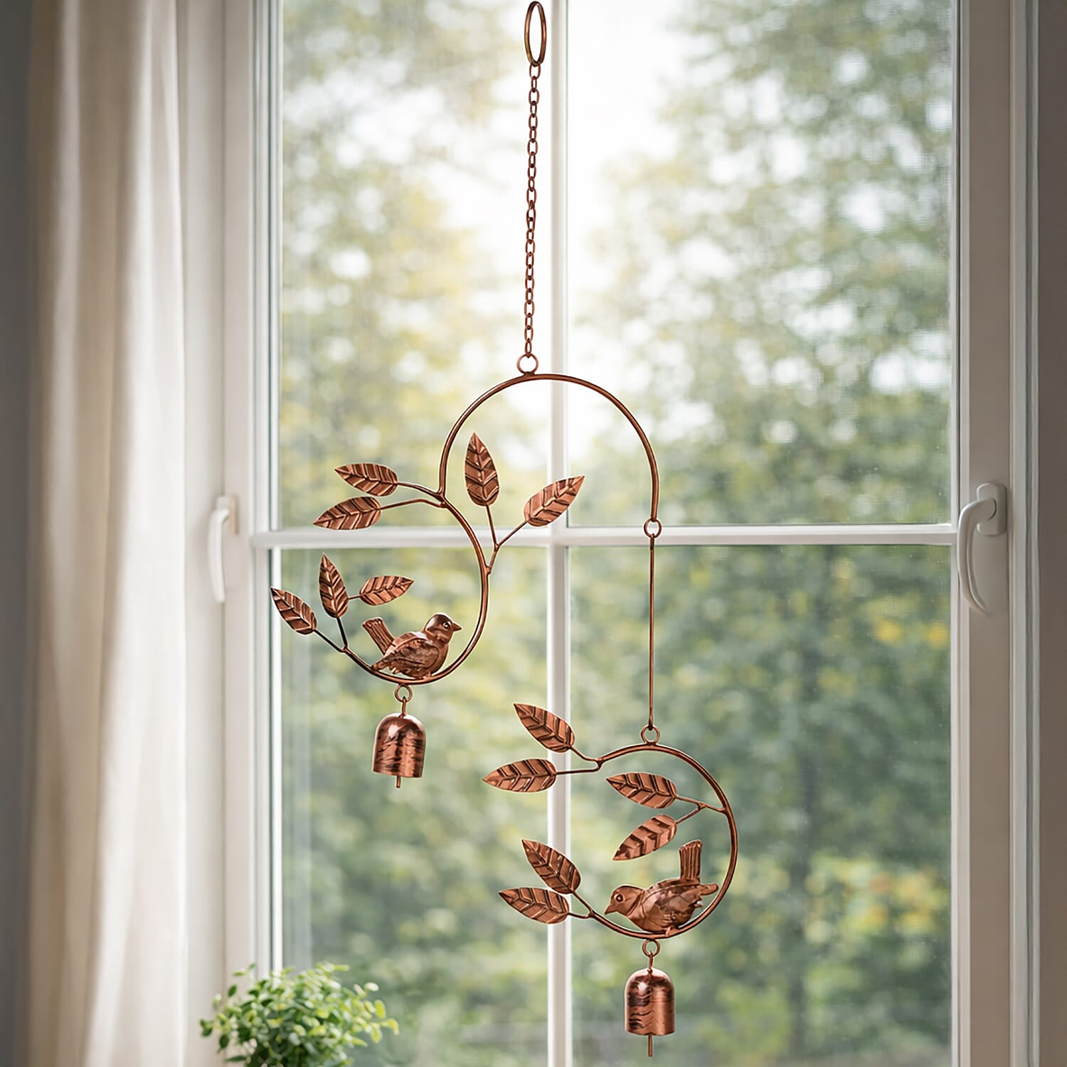 Handmade Hanging Leaves with Sparrows Iron Wind Chime (46 cm) - Golden