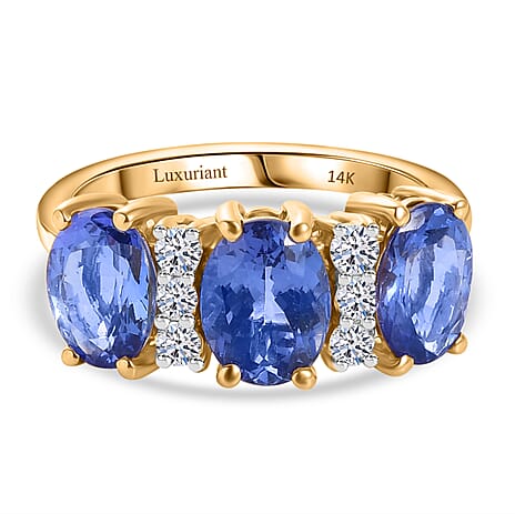 14K Yellow Gold  AA   Tanzanite ,  Lab Grown Diamond  SI 3 Stone Ring 4.47 ct,  Gold Wt. 2.65 Gms  3.889  Ct.