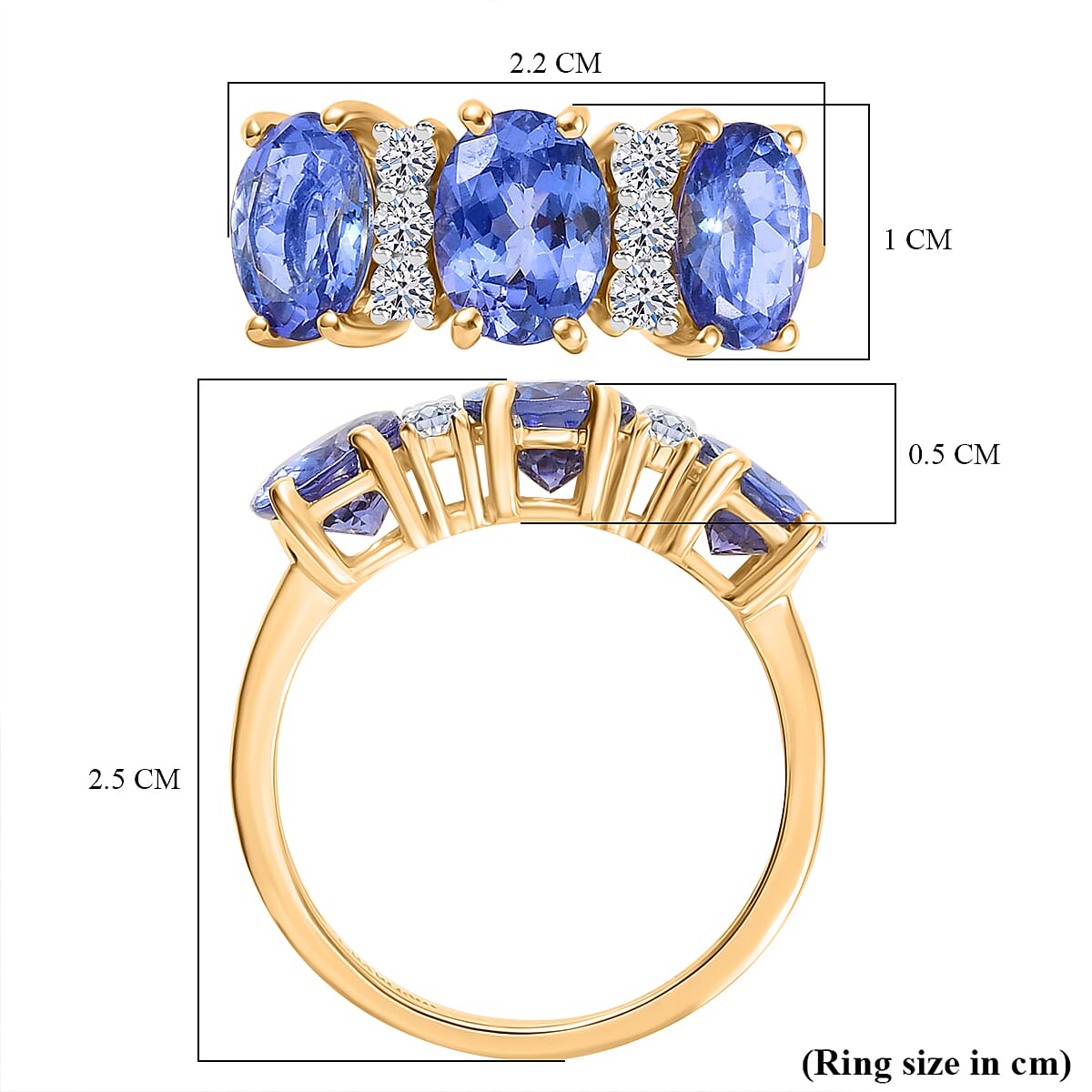 14K Yellow Gold  AA   Tanzanite ,  Lab Grown Diamond  SI 3 Stone Ring 4.47 ct,  Gold Wt. 2.65 Gms  3.889  Ct.