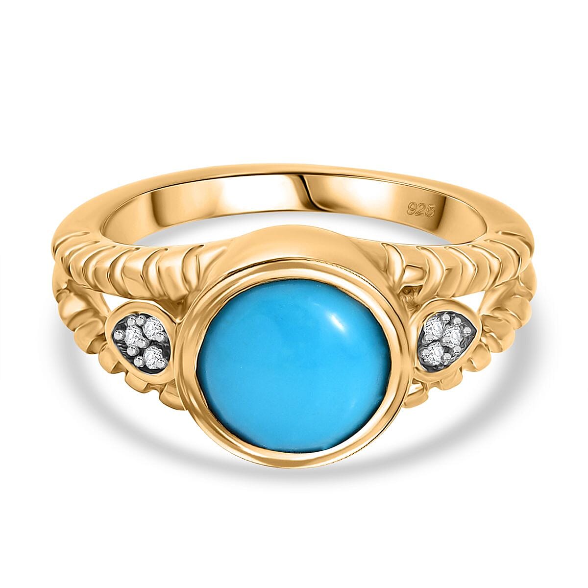 Sleeping Beauty Turquoise & White Zircon Solitaire Ring in 18K Vermeil Yellow Gold Plated Sterling Silver 1.88 Ct.