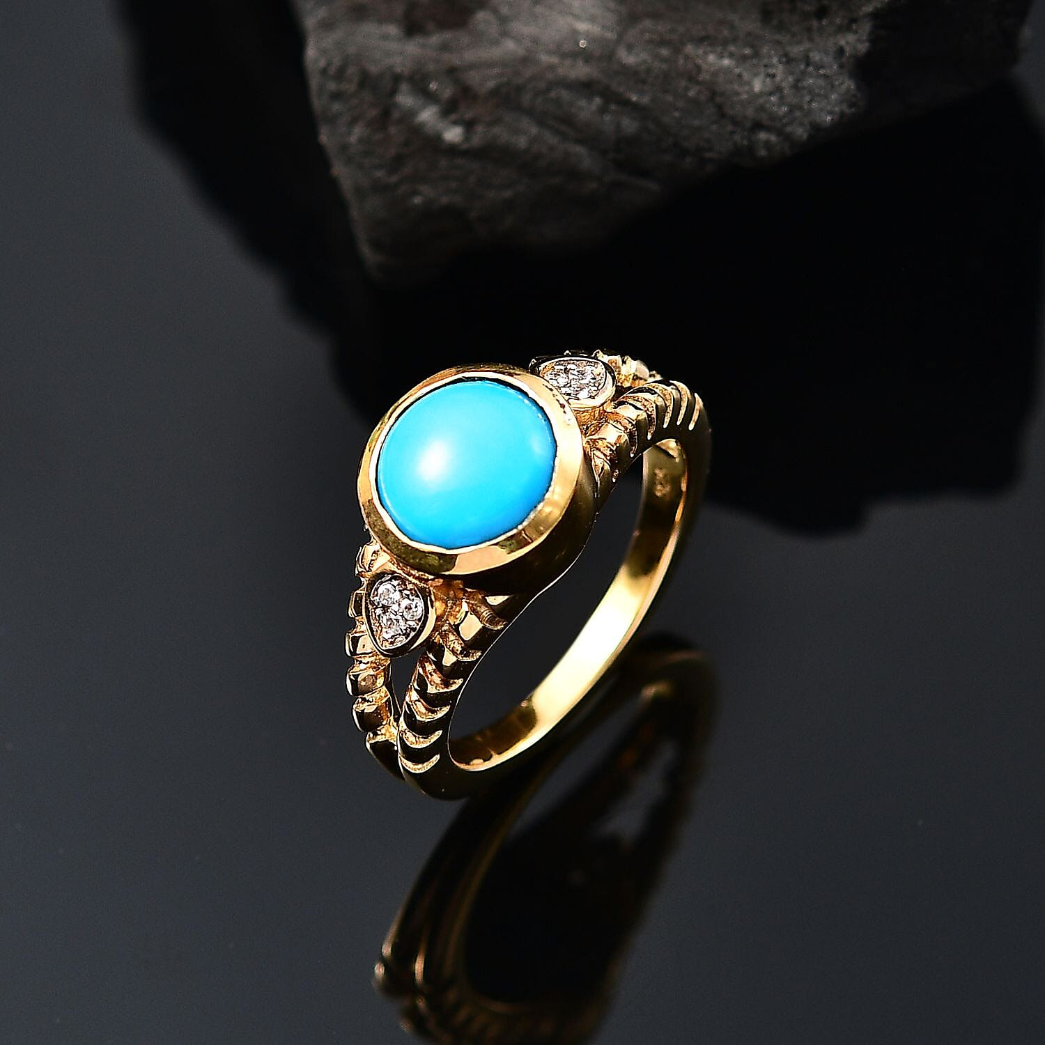 Sleeping Beauty Turquoise & White Zircon Solitaire Ring in 18K Vermeil Yellow Gold Plated Sterling Silver 1.88 Ct.