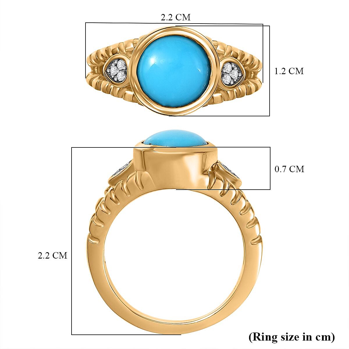 Sleeping Beauty Turquoise & White Zircon Solitaire Ring in 18K Vermeil Yellow Gold Plated Sterling Silver 1.88 Ct.