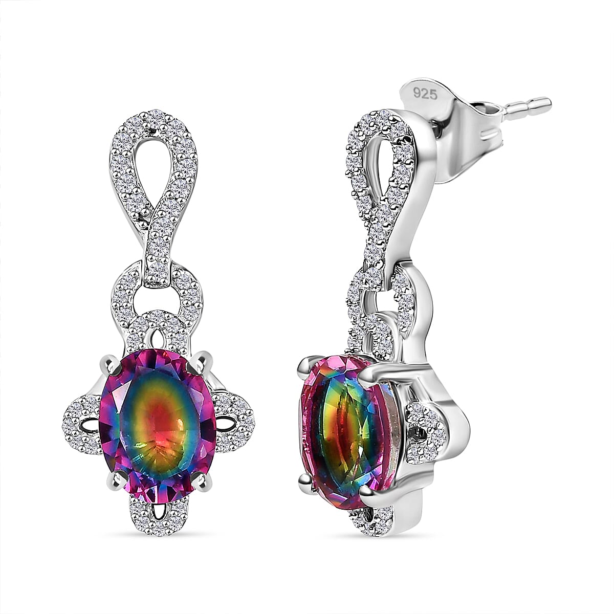 Nebula Quartz & White Zircon Galaxy Glow Dangling Earring with Push Back in Rhodium Overlay Sterling Silver 3.36 Ct.