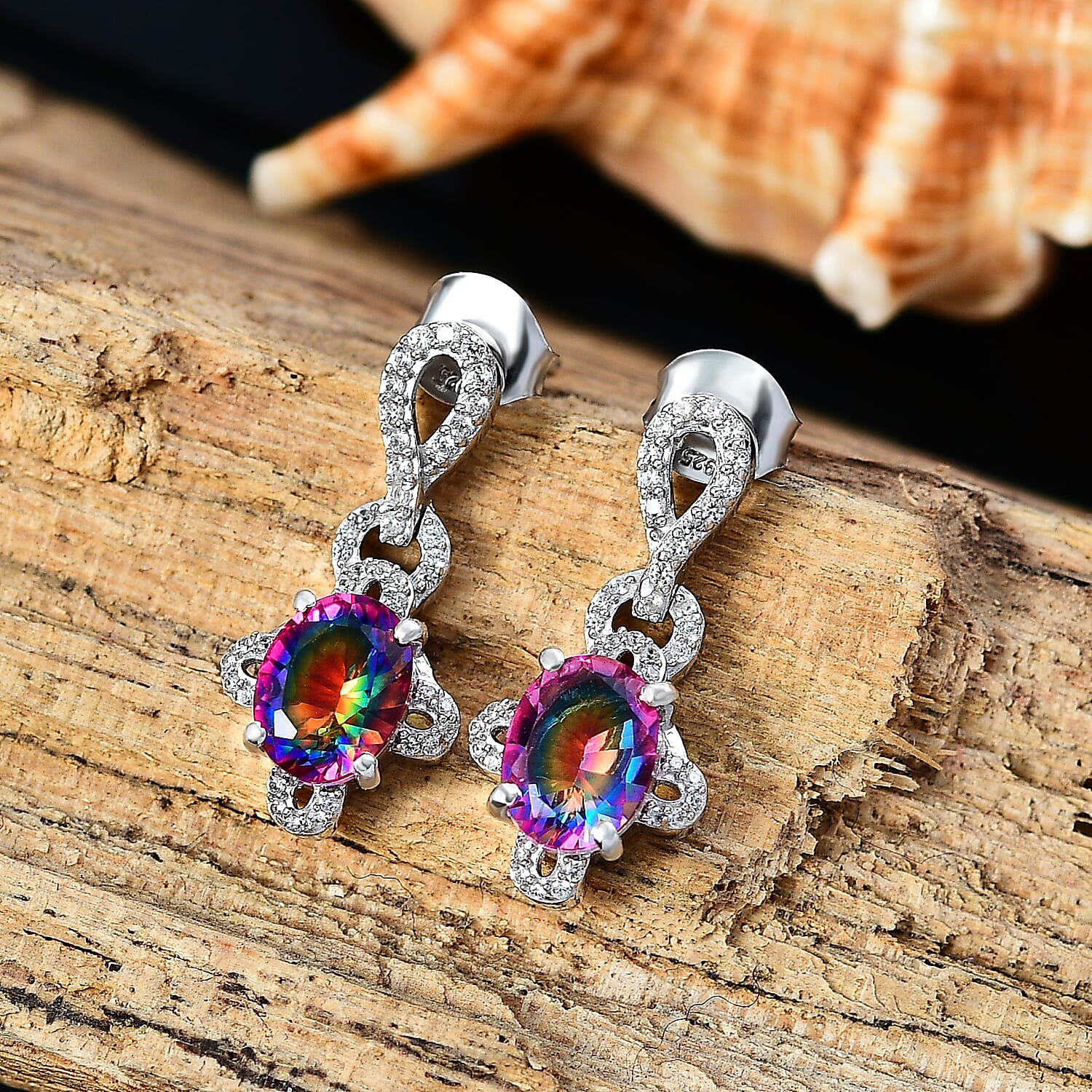 Nebula Quartz & White Zircon Galaxy Glow Dangling Earring with Push Back in Rhodium Overlay Sterling Silver 3.36 Ct.