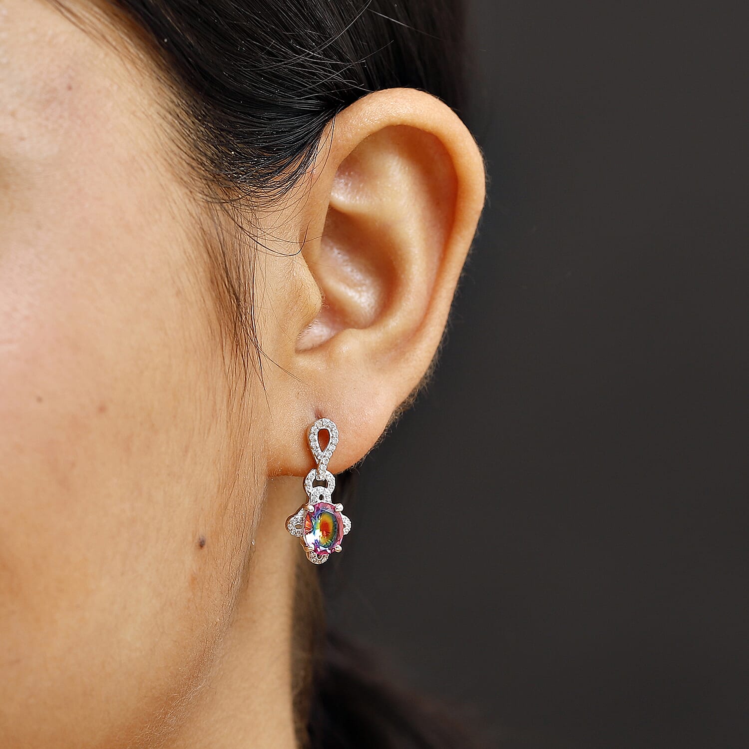 Nebula Quartz & White Zircon Galaxy Glow Dangling Earring with Push Back in Rhodium Overlay Sterling Silver 3.36 Ct.