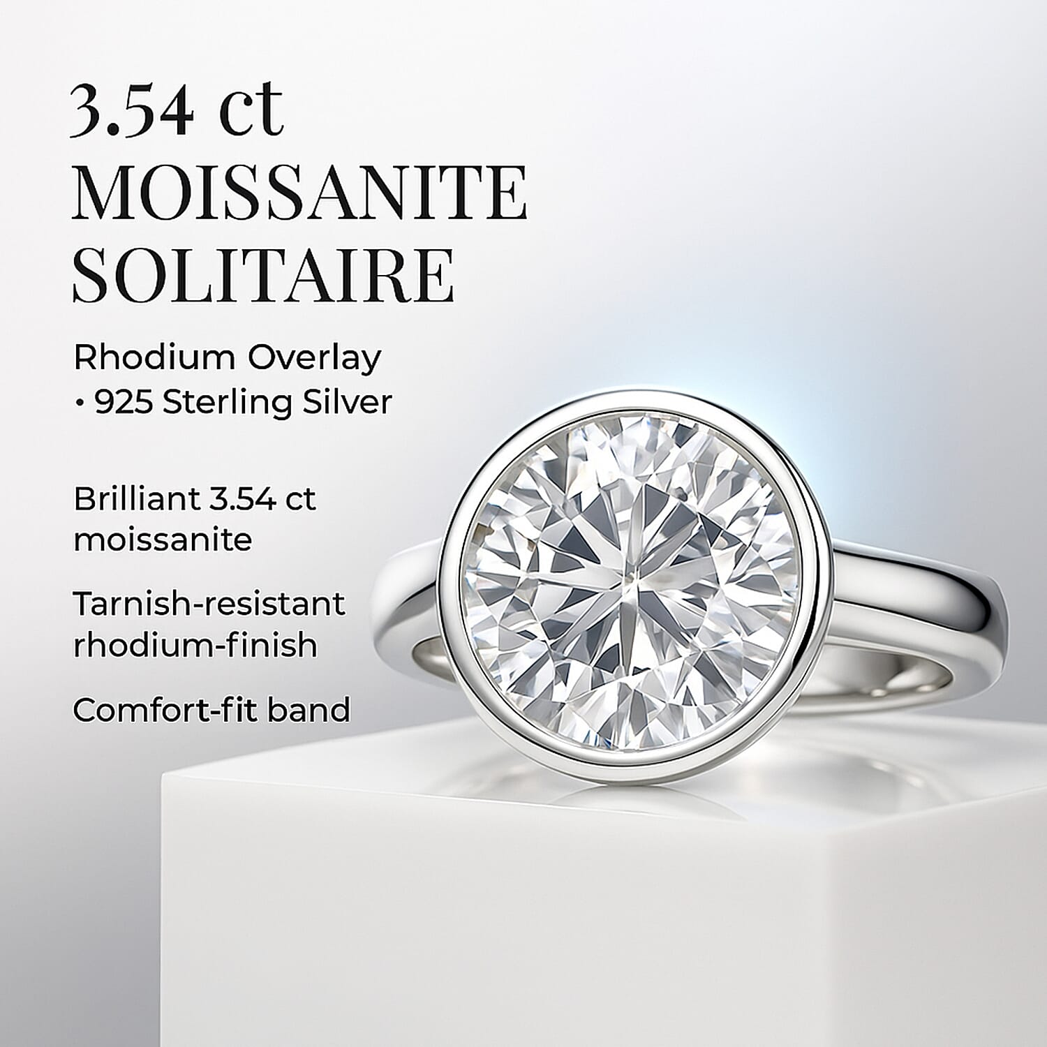 Moissanite Solitaire Ring in Rhodium Overlay Sterling Silver 3.54 Ct.