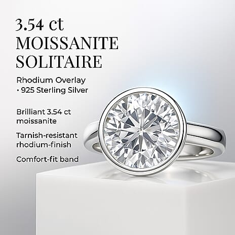 Moissanite Solitaire Ring in Rhodium Overlay Sterling Silver 3.54 Ct.