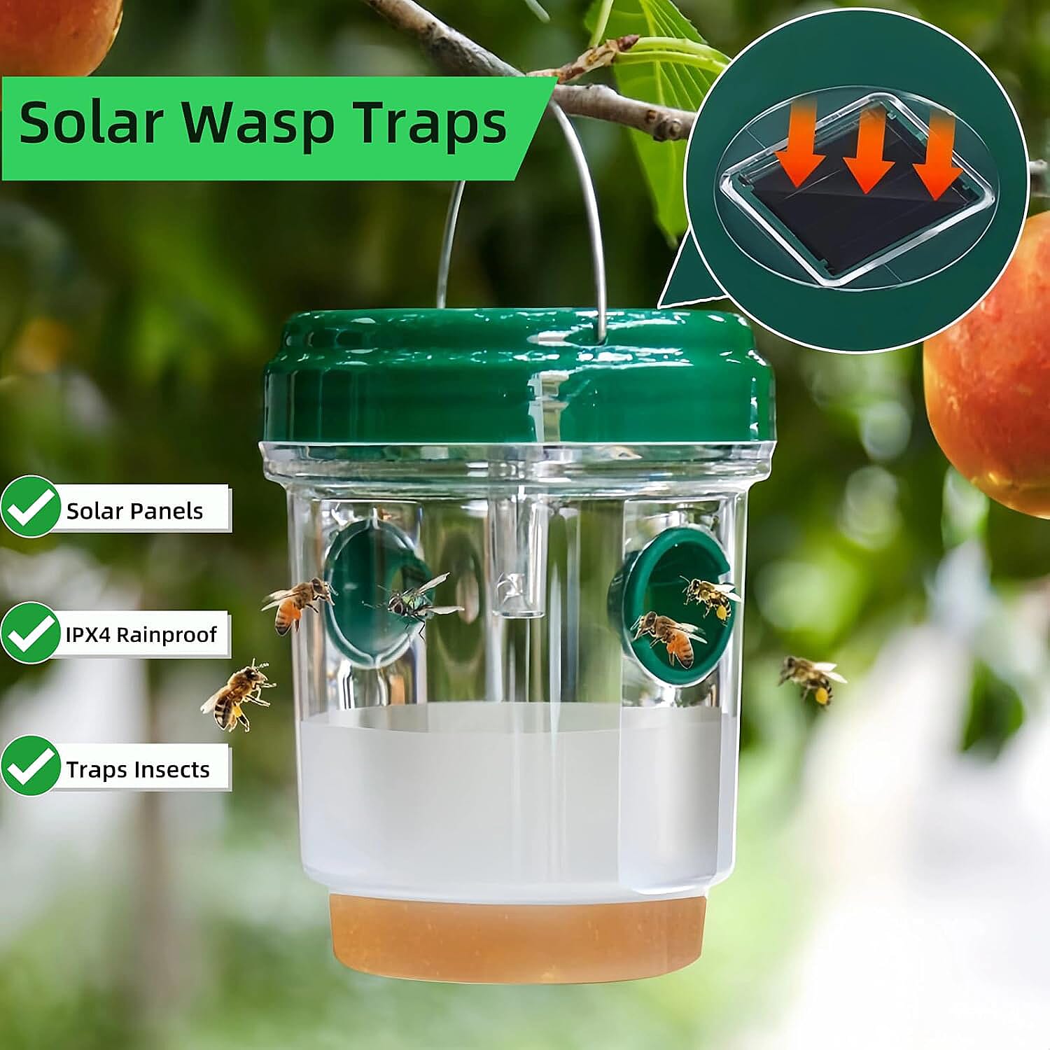 No More Wasps! - 3 Solar Wasp Traps  for Garden Use - LED Light - Double Entrance - 6-8 Hr Working Time Green