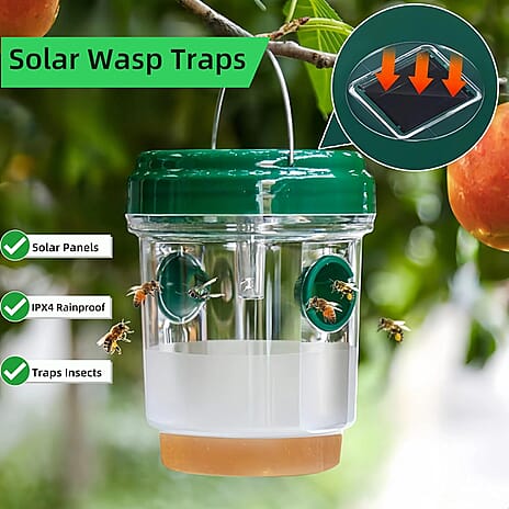 No More Wasps! - 3 Solar Wasp Traps  for Garden Use - LED Light - Double Entrance - 6-8 Hr Working Time Green