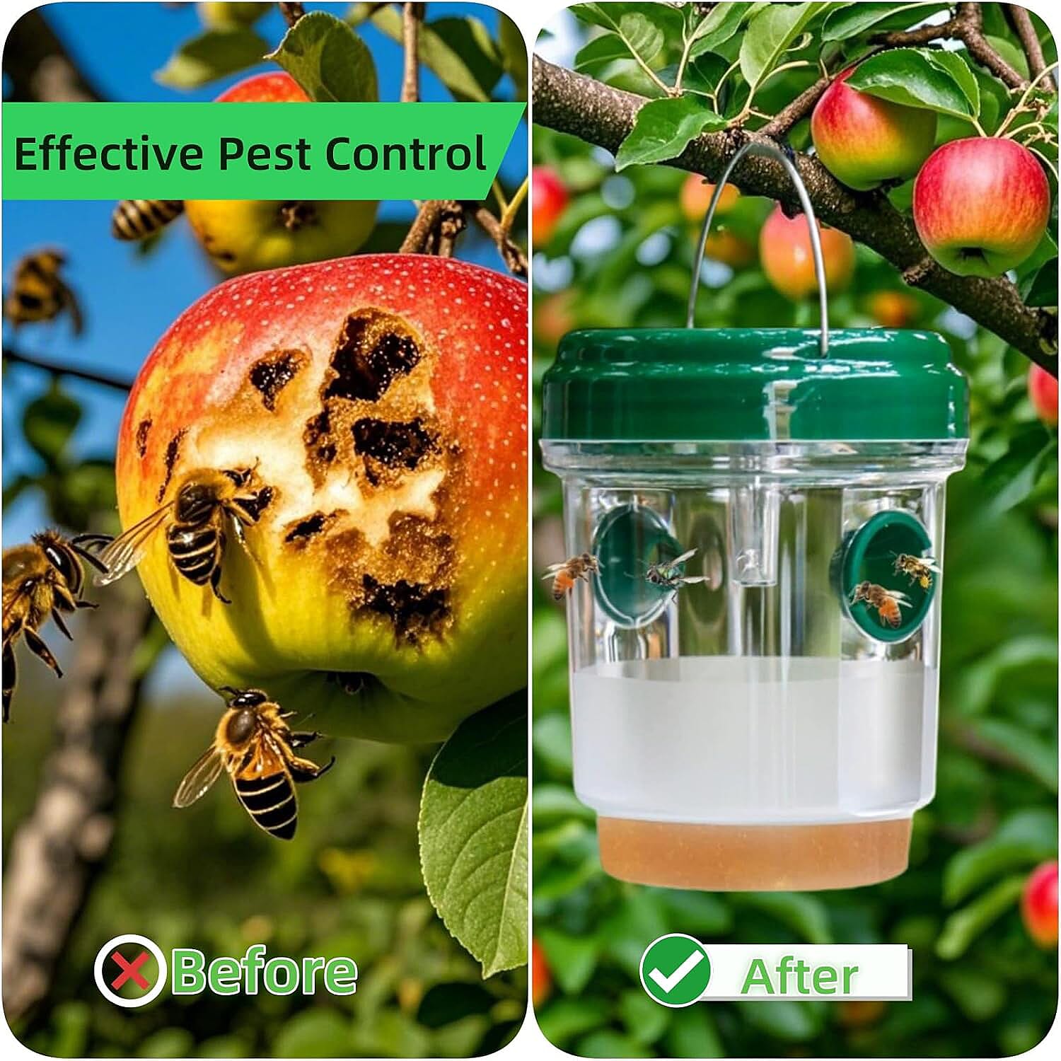 No More Wasps! - 3 Solar Wasp Traps  for Garden Use - LED Light - Double Entrance - 6-8 Hr Working Time Green