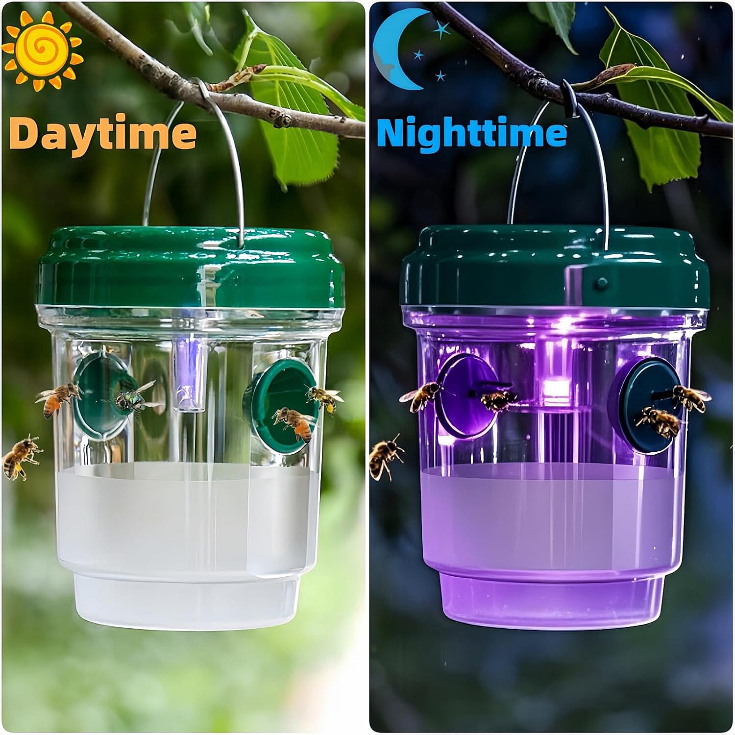 No More Wasps! - 3 Solar Wasp Traps  for Garden Use - LED Light - Double Entrance - 6-8 Hr Working Time Green