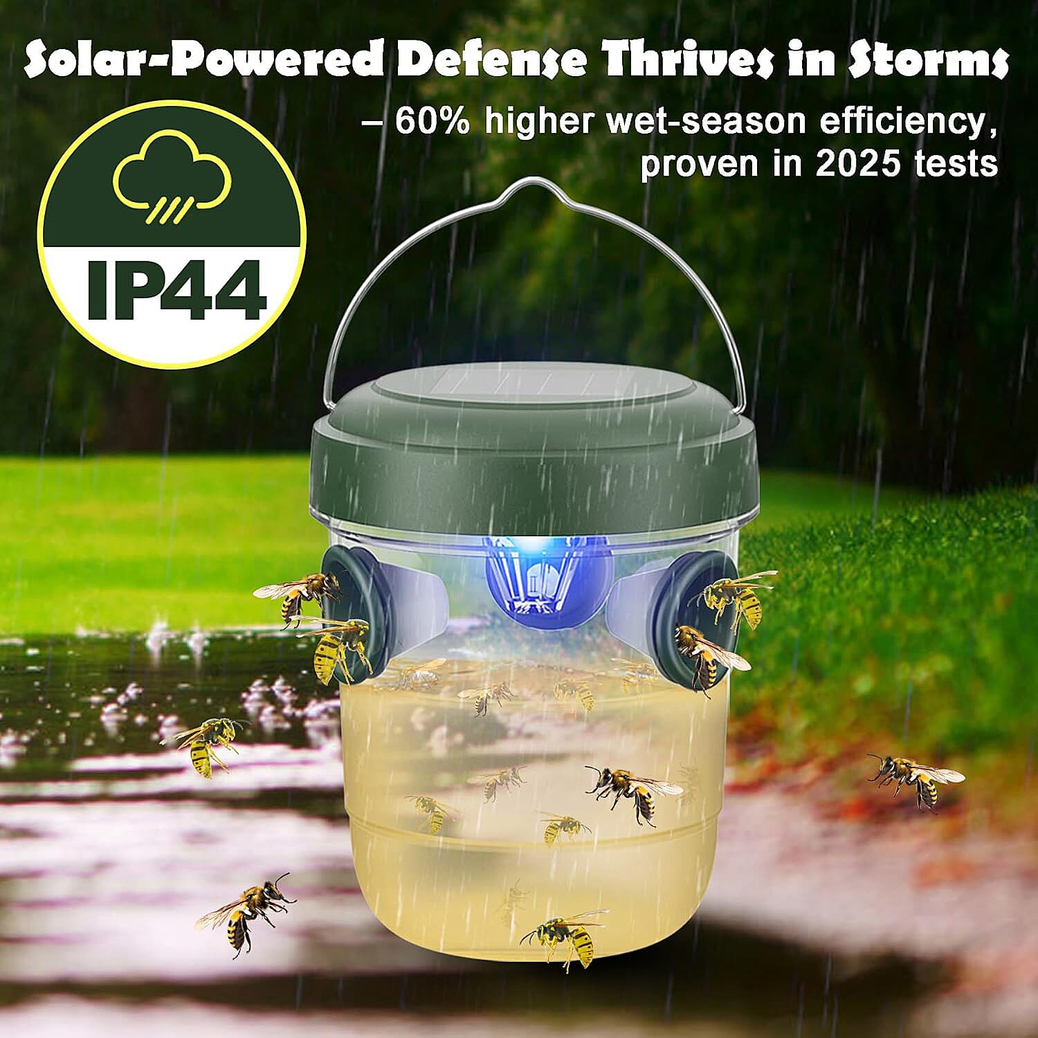 No More Wasps! - 3 Solar Wasp Traps  for Garden Use - LED Light - Double Entrance - 6-8 Hr Working Time Green