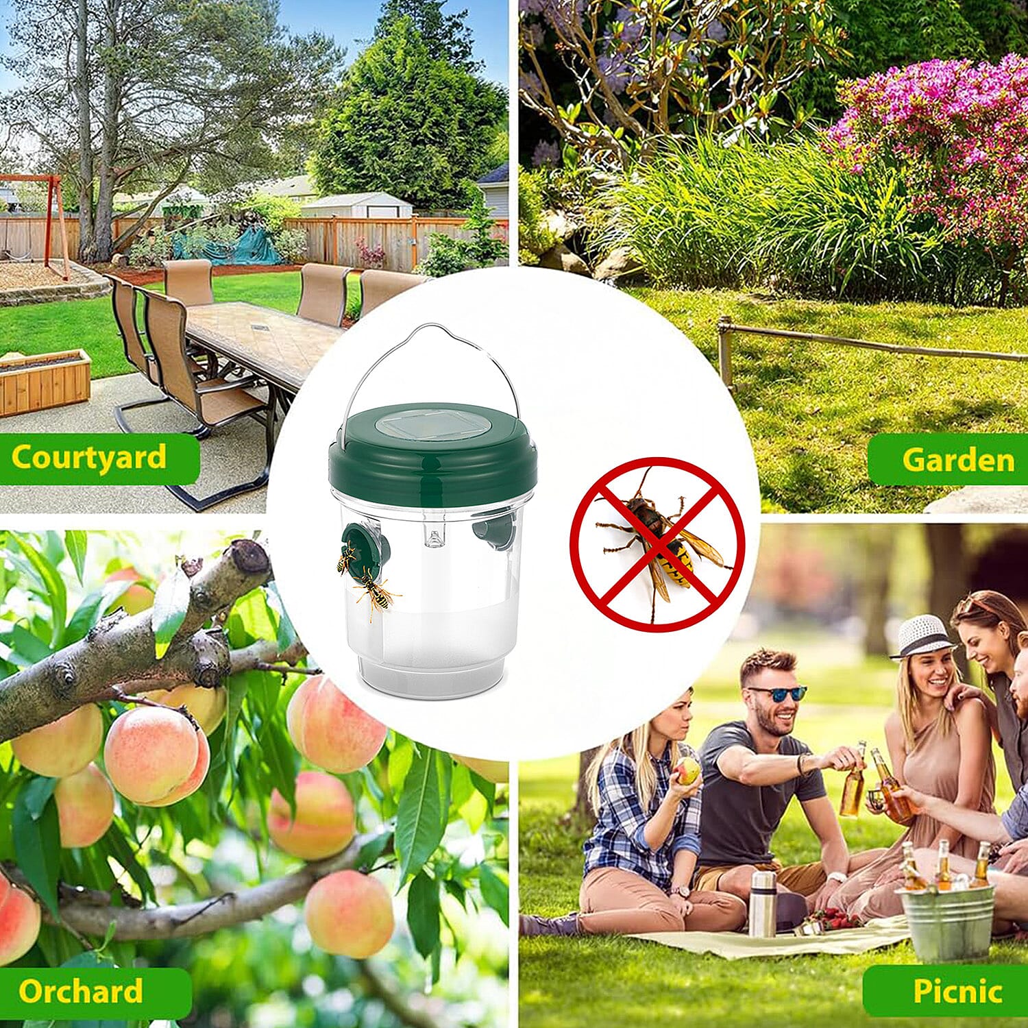 No More Wasps! - 3 Solar Wasp Traps  for Garden Use - LED Light - Double Entrance - 6-8 Hr Working Time Green
