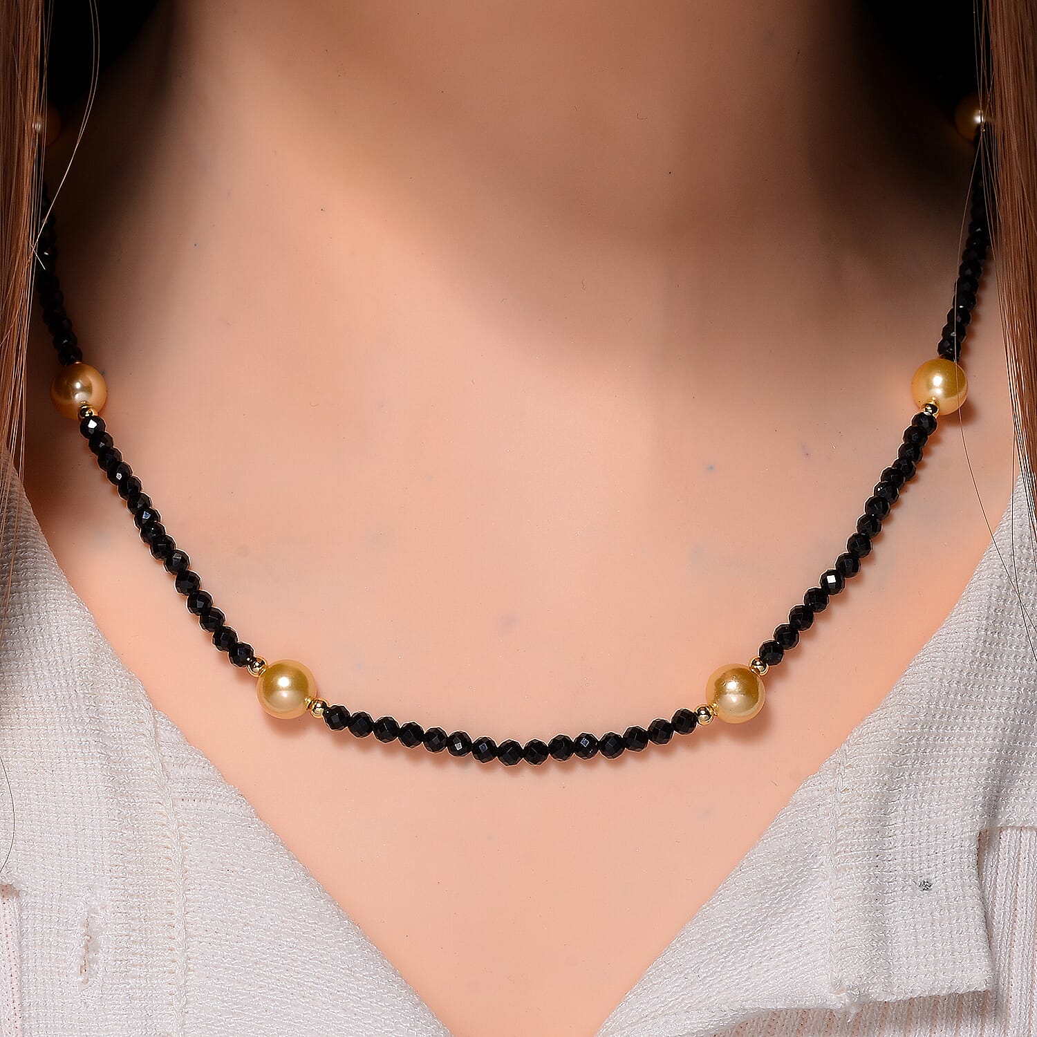 Golden Shell Pearl & Black Spinel Necklace (Size 30) in Yellow Colour Tone 127.00 Ct.