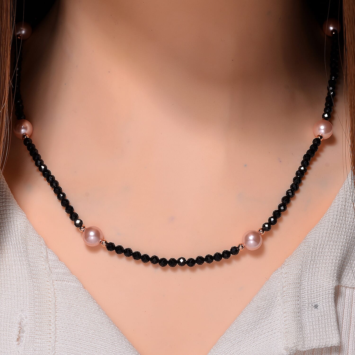 Pink Shell Pearl & Black Spinel Necklace (Size 30) in Rose Gold Colour Tone 127.00 Ct.
