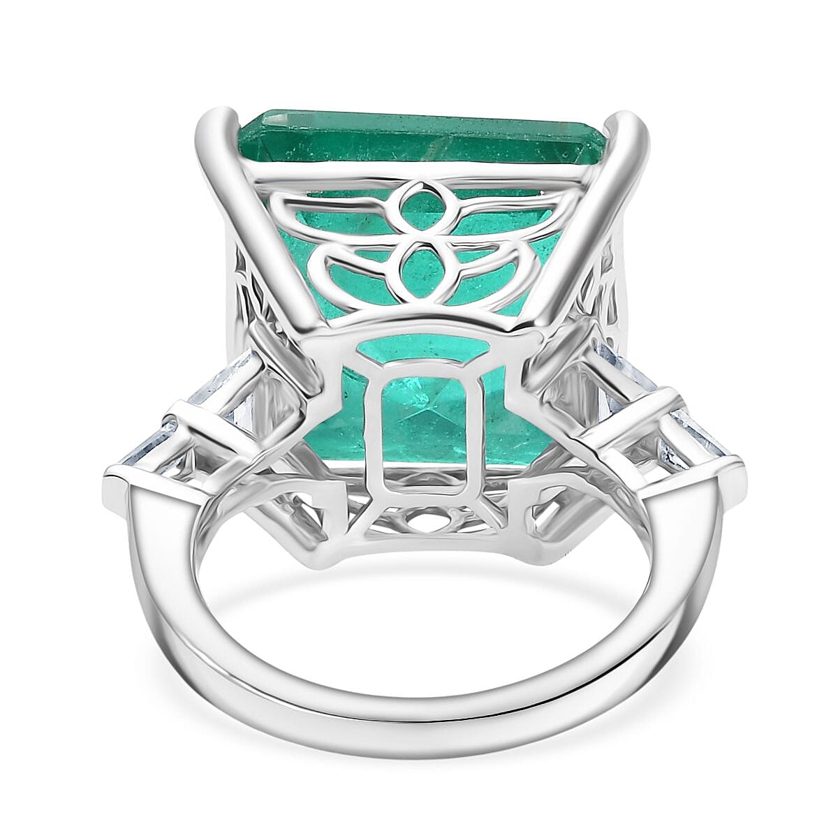 Emeraldine Triplet Quartz & White Zircon Solitaire Ring in Rhodium Overlay Sterling Silver 18.20 Ct. Emeraldine Triplet Quartz & White Zircon Solitaire Ring in Rhodium Overlay Sterling Silver 18.20 Ct.