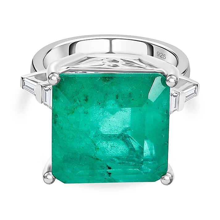Emeraldine Triplet Quartz & White Zircon Ring in Rhodium Overlay Sterling Silver 18.20 Ct.