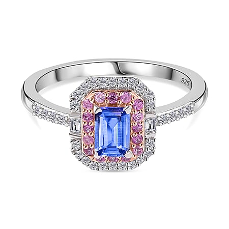 Rare Find - Premium Tanzanite with Pink Sapphire & White Zircon Halo Ring in 18K Vermeil Rose Gold Plated & Rhodium Overlay Sterling Silver 1.11 Ct.