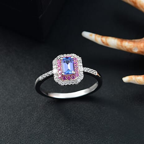 Rare Find - Premium Tanzanite with Pink Sapphire & White Zircon Halo Ring in 18K Vermeil Rose Gold Plated & Rhodium Overlay Sterling Silver 1.11 Ct.