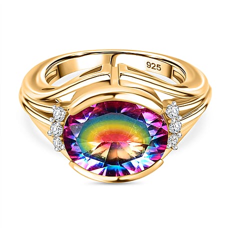 Nebula Quartz Doublet ,  White Zircon  Fancy Ring in 18K YG Vermeil Sterling Silver 5.02 ct  4.990  Ct.