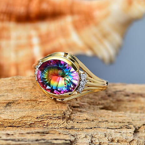 Nebula Quartz Doublet ,  White Zircon  Fancy Ring in 18K YG Vermeil Sterling Silver 5.02 ct  4.990  Ct.