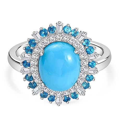 Sleeping Beauty Turquoise, White Zircon & Neon Apatite Ring in Rhodium Overlay Sterling Silver 3.92 Ct.