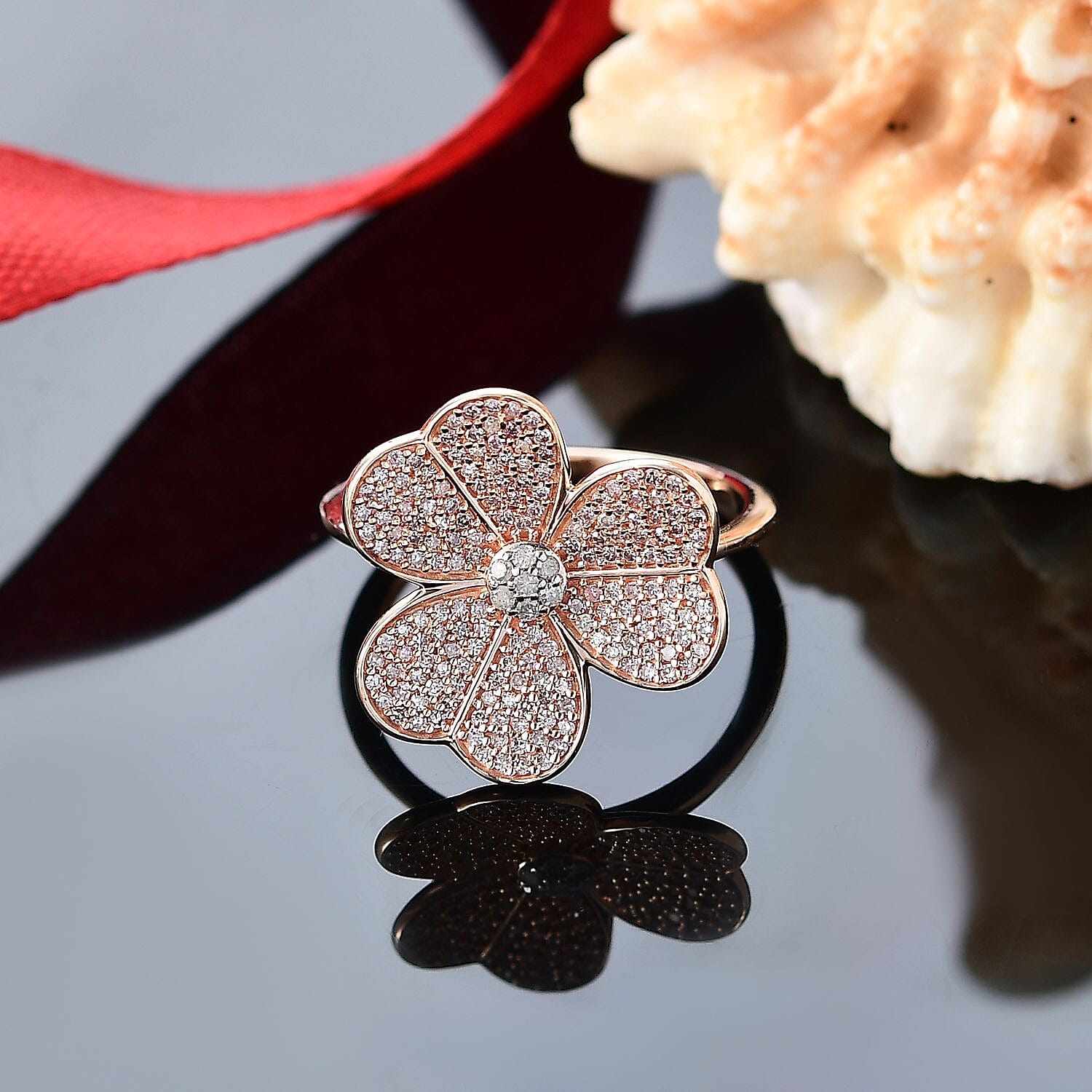 Designer Inspired - 9K Rose Gold SGL Certified Natural Pink and White Diamond Floral Ring 0.50 Ct.