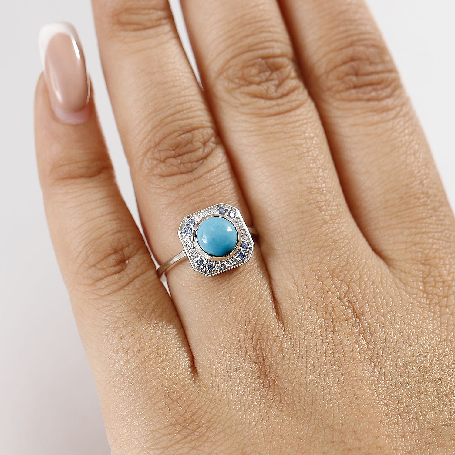 D'joy Sleeping Beauty Turquoise, Blue Sapphire & White Zircon Solitaire Ring in Rhodium Overlay Sterling Silver 1.36 Ct.