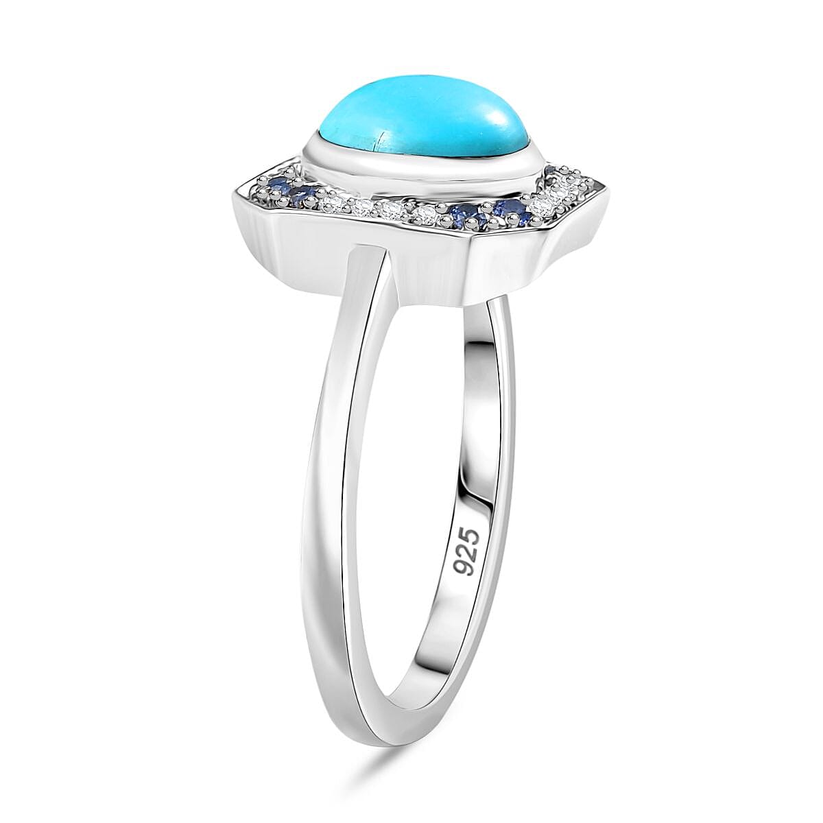 D'joy Sleeping Beauty Turquoise, Blue Sapphire & White Zircon Solitaire Ring in Rhodium Overlay Sterling Silver 1.36 Ct.
