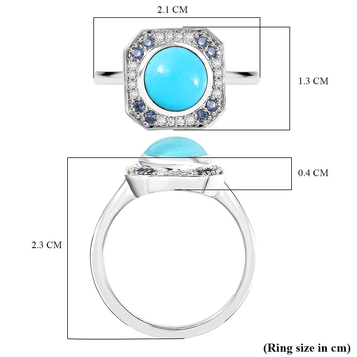 D'joy Sleeping Beauty Turquoise, Blue Sapphire & White Zircon Solitaire Ring in Rhodium Overlay Sterling Silver 1.36 Ct.