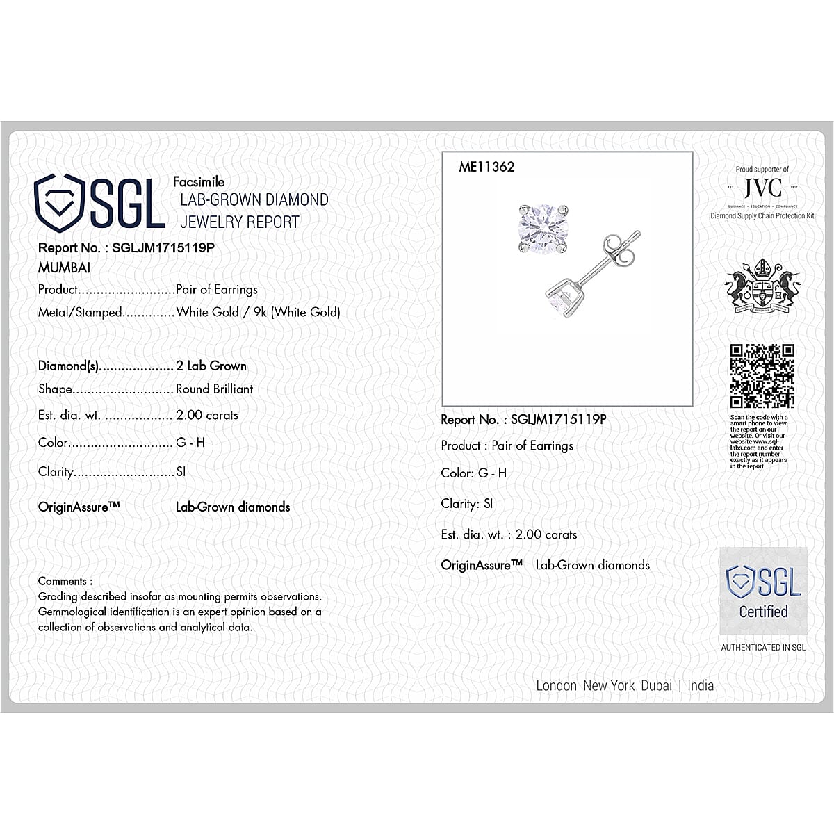 Luxuriant 9K White Gold SGL Certified (SI-GH) Round Brilliant Cut Lab Grown Diamond Stud Push Back Earrings 2.01 Ct.