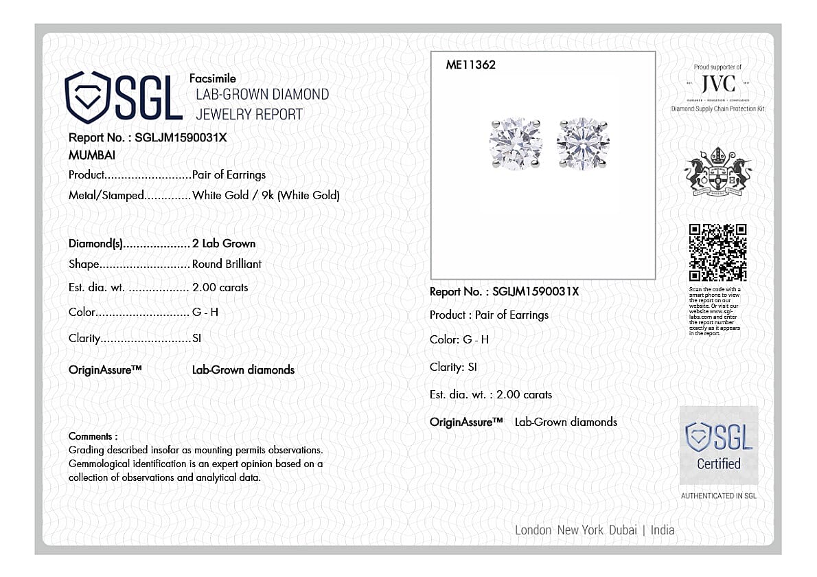 Luxuriant 9K White Gold SGL Certified (SI-GH) Round Brilliant Cut Lab Grown Diamond Stud Push Back Earrings 2.01 Ct.