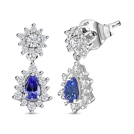 Tanzanite & White Zircon Dangling Earring with Push Back in Rhodium Overlay Sterling Silver 1.03 Ct.