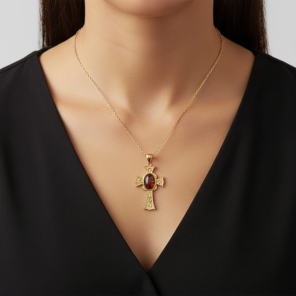 Baltic Amber Cross Pendant in Gold Overlay Sterling Silver 5.00 Ct,  Silver Wt. 7.00 Gms.