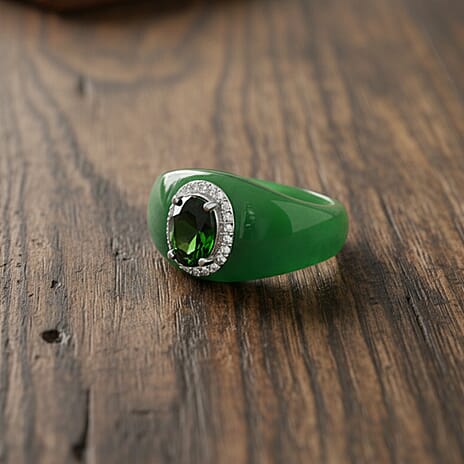 Natural Chrome Diopside, Green Jade & White Zircon Ring in Rhodium Overlay Sterling Silver 24.95 Ct.
