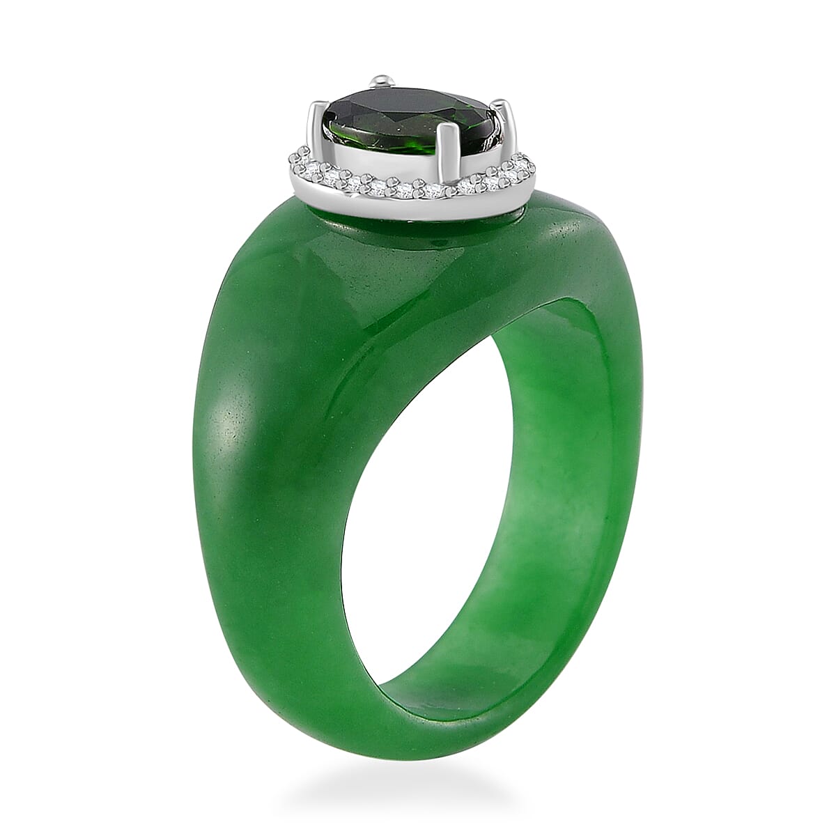 Natural Chrome Diopside, Green Jade & White Zircon Ring in Rhodium Overlay Sterling Silver 24.95 Ct.