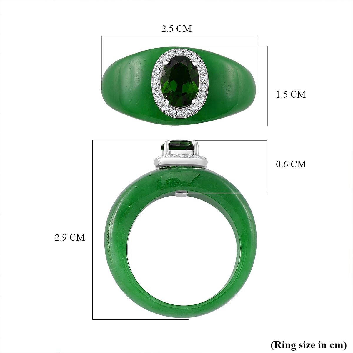 Natural Chrome Diopside, Green Jade & White Zircon Ring in Rhodium Overlay Sterling Silver 24.95 Ct.